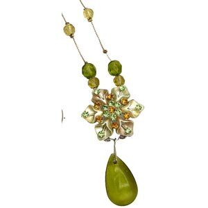 Lariat Style 18 Necklace Green and Golden Rhinestones Green Teardrop Pendant